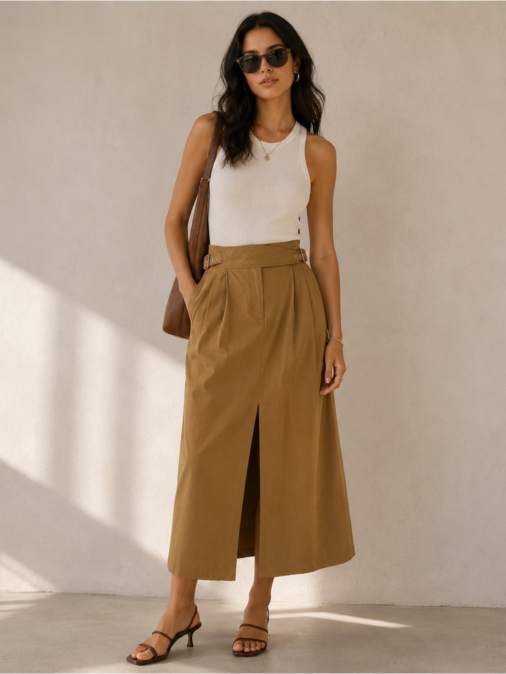 Zara Womens M Camel Brown Buckle Waist Pleated Midi Skirt Front Slit